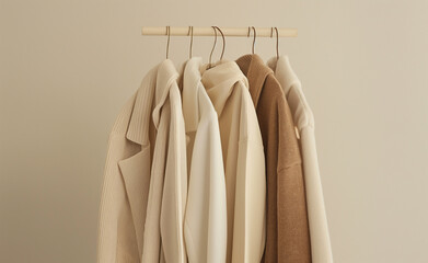 Clothing made from recycled or organic materials displayed against a neutral, clean background. 