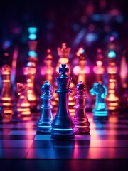 Abstract neon light Classic chess game  artwork design, digital art wallpaper. King & queen 