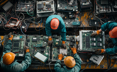 Electronic waste sorting center. Focus on workers disassembling parts of old electronics for recycling. 
