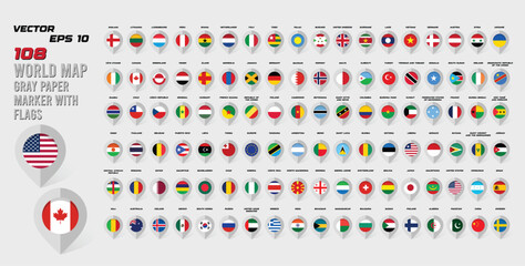 108 Map gray paper marker with flags. Big set, Map world with 108 flags. Vector illustration 10eps