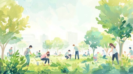 Generate a peaceful scene of a community park being maintained local volunteers in a watercolor style, focusing on social cohesion and urban green spaces