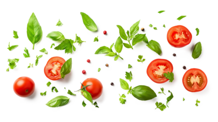 Flying tomatoes parsley and basil leaves isolated on a transparent background