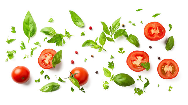 Flying tomatoes parsley and basil leaves isolated on a transparent background