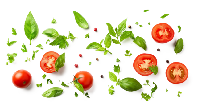 Flying tomatoes parsley and basil leaves isolated on a transparent background