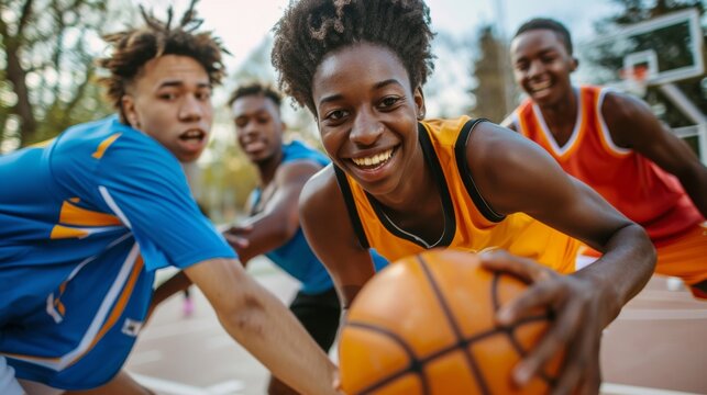 Group of diverse teenagers playing basketball in an urban park, dynamic and colorful, showcasing teamwork