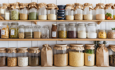 Zero-waste grocery shopping with reusable containers and bags.