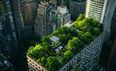 Building with a green roof, focusing on the contrast between the natural vegetation and the urban environment surrounding it.
