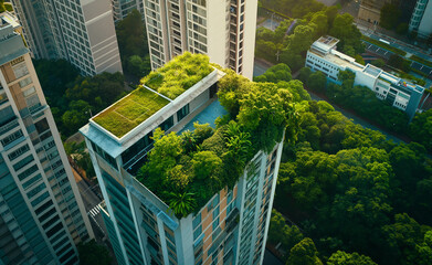 Building with a green roof, focusing on the contrast between the natural vegetation and the urban environment surrounding it.