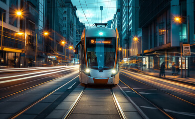 Public transport, such as a modern tram or bus, with a focus on the vehicle operating in a streamlined, efficient manner. 
