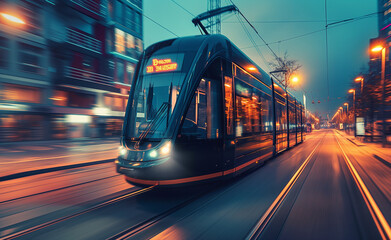 Public transport, such as a modern tram or bus, with a focus on the vehicle operating in a streamlined, efficient manner. 
