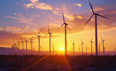 Wind turbines against the backdrop of a stunning sunset. 
