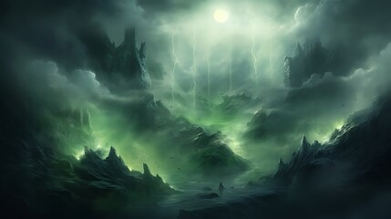 Image of a spectral fog-covered mountain, where ethereal mists swirl around jagged peaks, creating an otherworldly landscape bathed in mystery and intrigue.