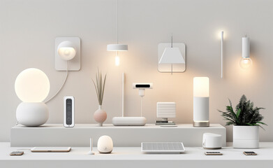 Product display for energy-efficient tech gadgets, such as LED lamps, smart thermostats, or solar-powered chargers. 
