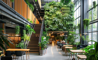 Public space or commercial building incorporating biophilic design principles, such as indoor gardens, natural light, and elements that mimic nature.