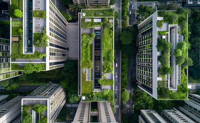 Aerial view of a green roof or a vertical garden in an urban setting, focusing on the pattern these green spaces create amidst the concrete jungle. 