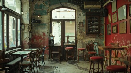 Fototapeta na wymiar The empty cafe exudes a sense of quiet solitude, its ambience a stark contrast to the lively atmosphere that once filled its walls with music and conversation.
