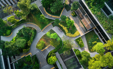 Aerial view of a green roof or a vertical garden in an urban setting, focusing on the pattern these green spaces create amidst the concrete jungle. 