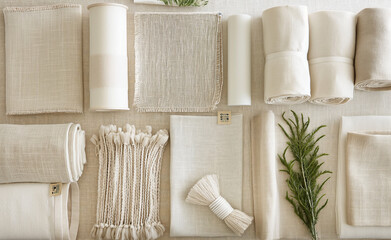 Eco-friendly textiles and materials in a clean, orderly fashion on a plain background.
