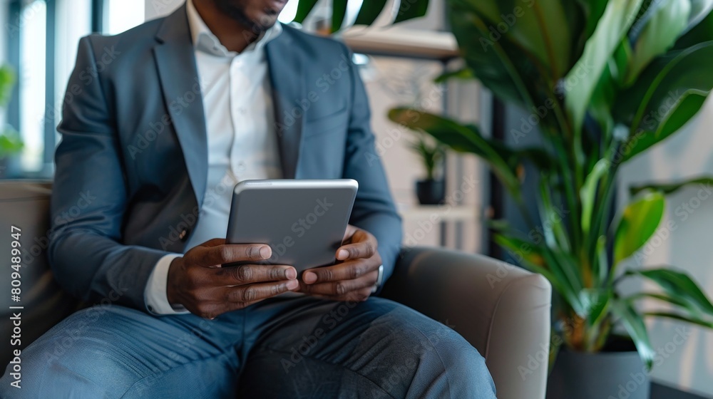 Poster human resources manager implementing ai in hiring processes, displayed on a tablet