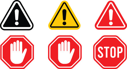 Caution warning and stop signs set. Exclamation marks, Danger warning icon set. alert triangle warn sign in black, yellow, and red color. exclamation sign