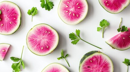 White background showcasing fresh watermelon radishes - Powered by Adobe