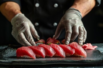 Master chef skillfully arranging fresh tuna nigiri on a serving platter, exemplifying precision and attention to detail in sushi craftsmanship.