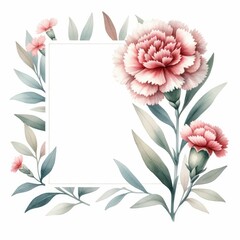 carnation themed frame or border for photos and text. watercolor illustration, Perfect for nursery art, simple clipart, single object, white color background. Mother's day greeting card.