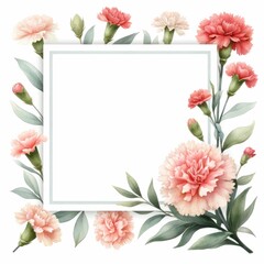 carnation themed frame or border for photos and text. watercolor illustration, Perfect for nursery art, simple clipart, single object, white color background. Mother's day greeting card.