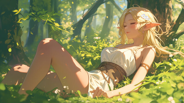 Cute elf girl lounging in the forest