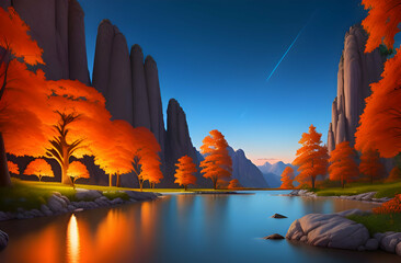 Beautiful and Peaceful Nature Scenery Illustration, Landscape, Countryside, Tranquil, Vibrant and Colorful