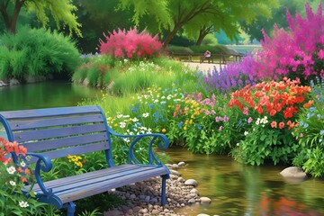 Blossom Bliss: Meditative Moments by the Whimsical Riverside Bench