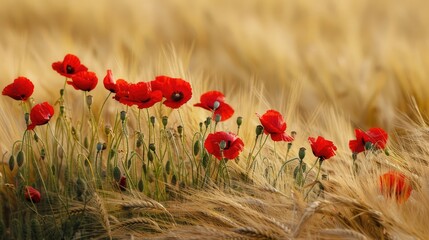 Naklejka premium Red poppies contrasted against a yellow wheat field