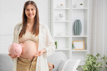 Young pregnant woman with piggy bank and coins at home. Maternal Benefit concept