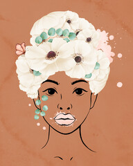 watercolor poster. line portrait of a young African-American woman. hairstyle with white anemone flowers and a graceful butterfly exudes elegance and tenderness. diversity and individuality