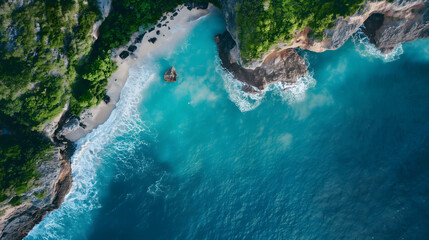 Aerial view of a secluded beach nestled between lush green cliffs and the deep blue ocean, featuring white sandy shores and vibrant turquoise waters with frothy waves