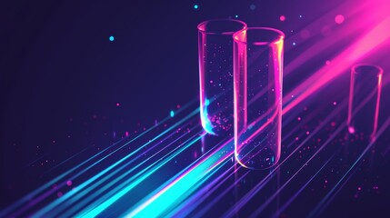 Glowing neon pink and blue test tubes with a glowing blue and pink background.