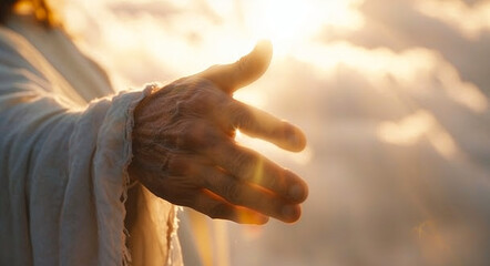 Jesus' hand reaching out to touch the viewer against a white background with clouds in the sky, creating a soft and dreamy atmosphere with soft focus on details and blurred edges. beautiful light