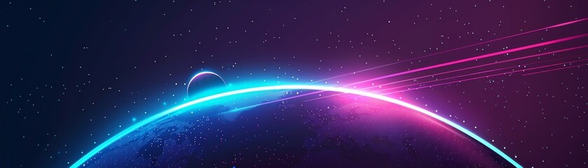 Obraz premium A glowing blue and pink planet with a glowing blue and pink light around it with a small satellite on dark background