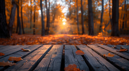 Wooden table with blurred autumn background for product display or montage your products on wooden board, beautiful autumn landscape with golden leaves and sunlight in the style of forest, fall season