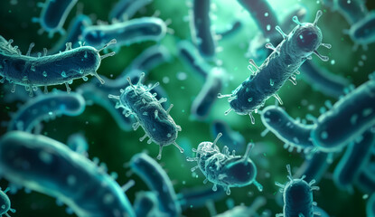 A closeup of bacteria was rendered with a green background in 3D. The scene was illuminated with soft lighting and the perspective angle created an atmosphere of mystery. There was no text.