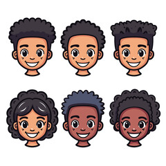 Six cartoon faces, three male, three female, smiling, friendly expressions, African ethnicity, diverse hairstyles. Kids avatars, playful, vibrant colors, curly hair cheerful digital illustration