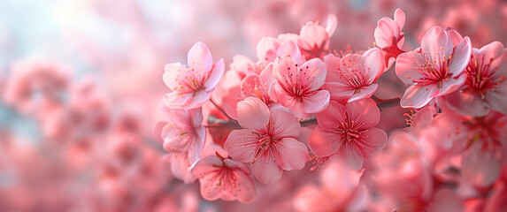 A collection of pink flowers clustered together on a branch, showcasing their delicate petals and vibrant color against a blurred background.