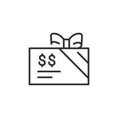Icon of a gift card with a bow and dollar signs, representing monetary value as a present or promotional offer. Suitable for use in retail, consumer promotions. Vector illustration