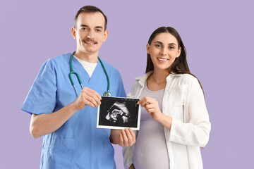 Young pregnant woman with doctor and sonogram image on lilac background
