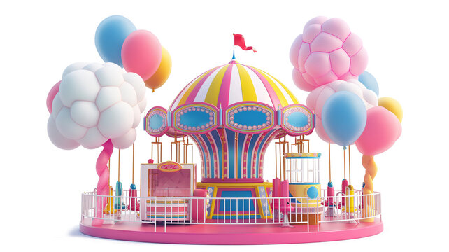 Fun at the amusement park with a cotton candy machine and balloons isolated on a transparent background