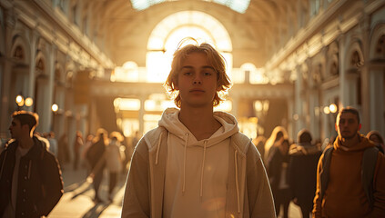  Cinematic shot of Justin Hills standing in the middle of an old Italian palazzo. He is wearing a white hoodie and jeans. Created with Ai