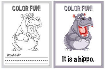 Educational coloring sheets featuring a happy hippo