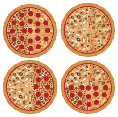 Four different topped pizzas in a vector style