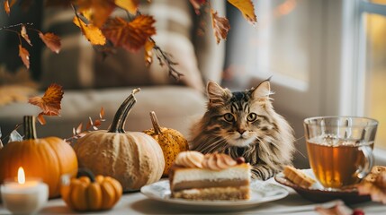 Autumn tea party with cake and cat. Thanksgiving with a fluffy cat, pie, pumpkins and autumn leaves in a cozy home.  Autumn season. October. Fall mood.