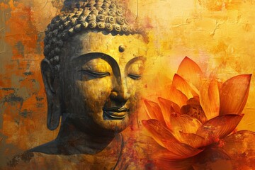 Glowing Lotus flowers and gold Buddha statue, Buddha with lotus shades, AI-generated